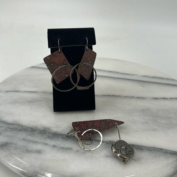 Handmade rustic modern sterling silver abstract hoop earrings and brooch - Picture 1 of 7